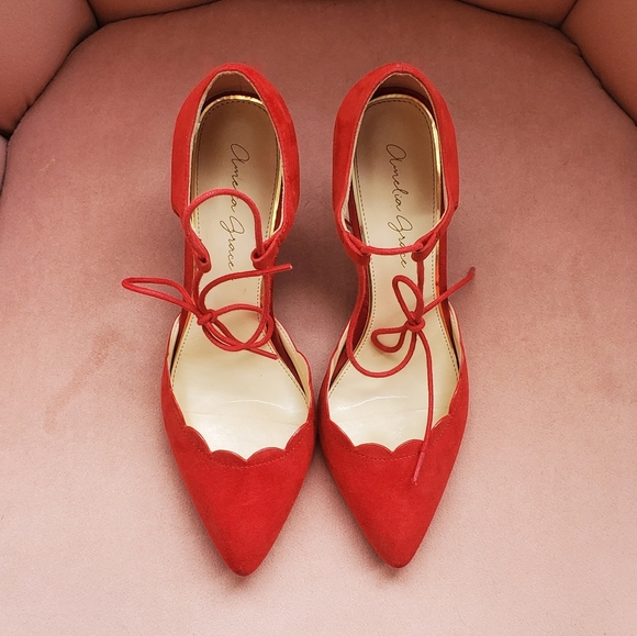 Amelia Grace Scalloped Tie Red Heels 7 - Picture 2 of 8